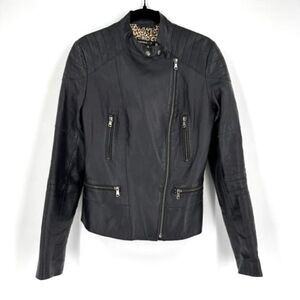 Kenna-T Women's Leather Leopart Print Lining Zip Up Moto Jacket Black Size Small
